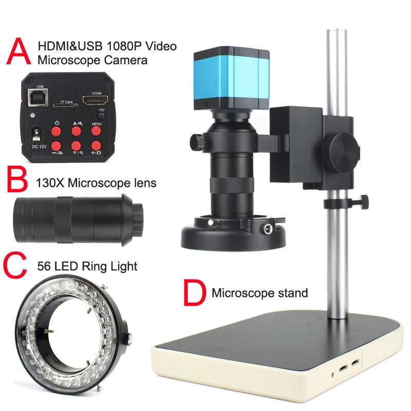 Custom CNC machining 1080P HDMI USB Industrial Digital Video Microscope Camera 130X C-Mount Lens Microscope Stand 56 LED Ring Light For PCB Soldering