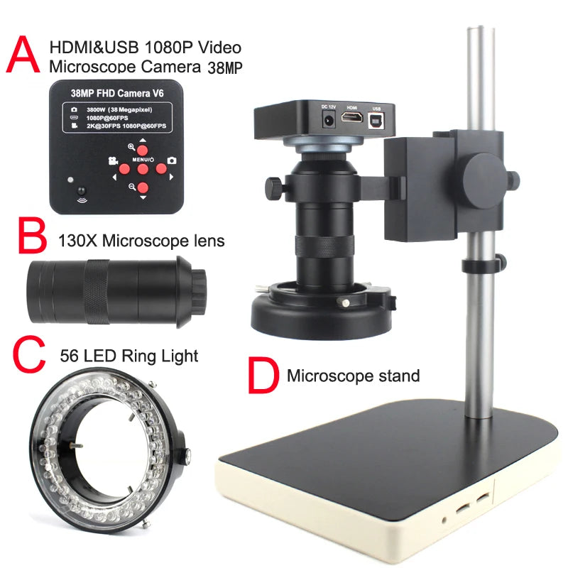 Custom CNC machining 1080P HDMI USB Industrial Digital Video Microscope Camera 130X C-Mount Lens Microscope Stand 56 LED Ring Light For PCB Soldering