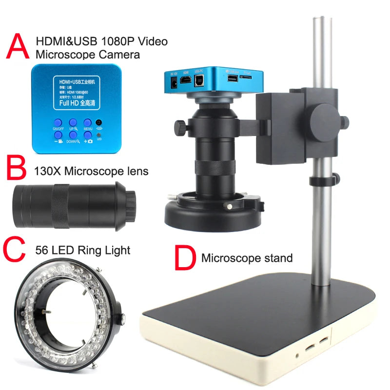 Custom CNC machining 1080P HDMI USB Industrial Digital Video Microscope Camera 130X C-Mount Lens Microscope Stand 56 LED Ring Light For PCB Soldering