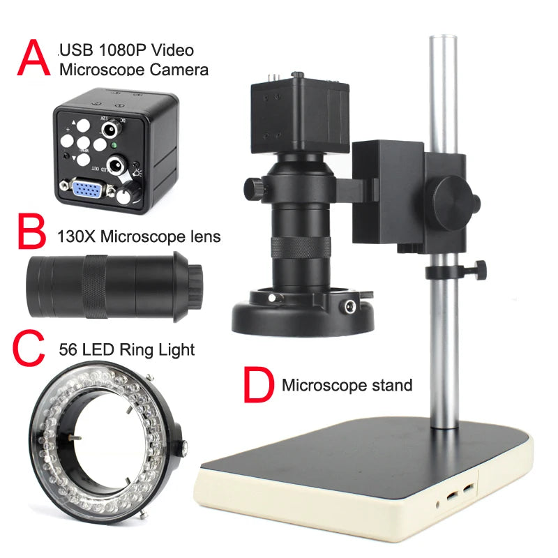 Custom CNC machining 1080P HDMI USB Industrial Digital Video Microscope Camera 130X C-Mount Lens Microscope Stand 56 LED Ring Light For PCB Soldering