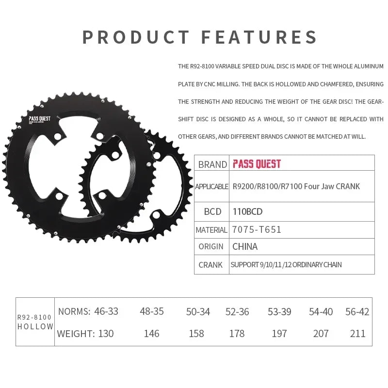 Custom CNC machining 110bcd Double Chainring for Shimano 105 R7100 UT R8100 DA R9200 Road Bike Round 52 36T 53 39T 54 40T 50 34 48 35 46-33T 2X