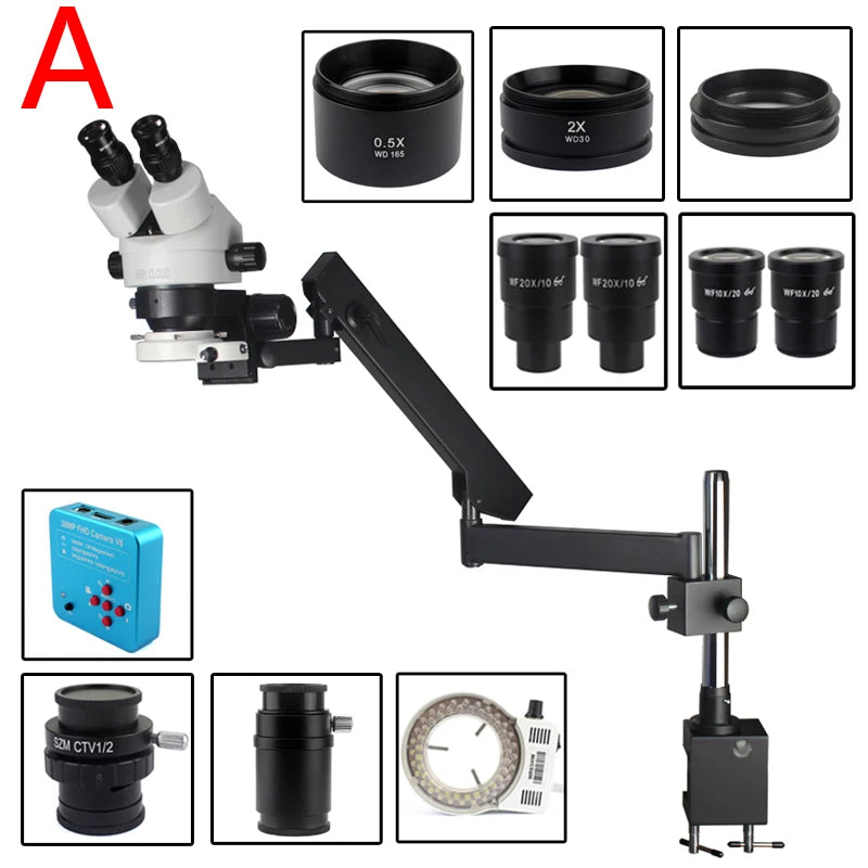 Custom CNC machining  3.5X-90X 7X-45X Articulating Arm Clamp Simul-Focal Industrial Trinocular Stereo Microscope 38MP HDMI Digital Video Camera Set