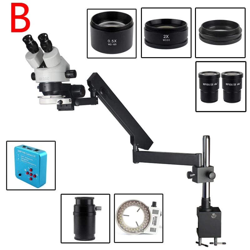 Custom CNC machining  3.5X-90X 7X-45X Articulating Arm Clamp Simul-Focal Industrial Trinocular Stereo Microscope 38MP HDMI Digital Video Camera Set