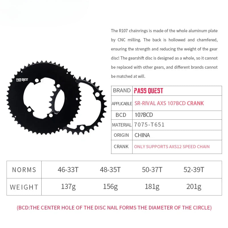 Custom CNC machining 107BCD DOUBLE Chainring MTB Road Bike 46-33T 48-35T 50-37T 52-39T 2X Chainwheel for Sram Rival AXS 12S