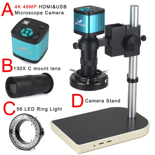 Custom CNC machining  48MP 4K 2K 1080P HDMI USB Electronic Digital Video Microscope Camera 10-130X Zoom C Mount Lens 56 LED Light For Lab PCB