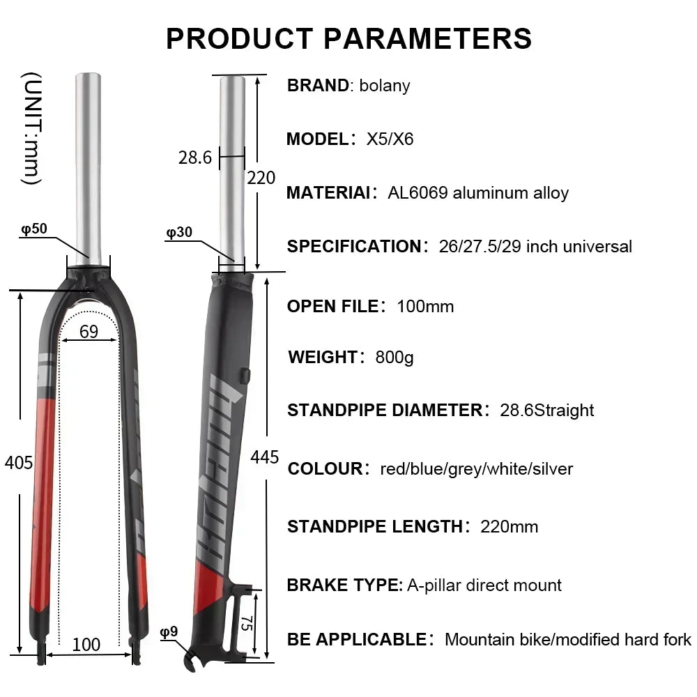 Custom CNC machining Bolany X6 Bike Rigid Fork 26/27.5/29inch Disc Brake Mountain Fork Straight Tube 28.6MM Matte Lightweight MTB Bicycle Fork