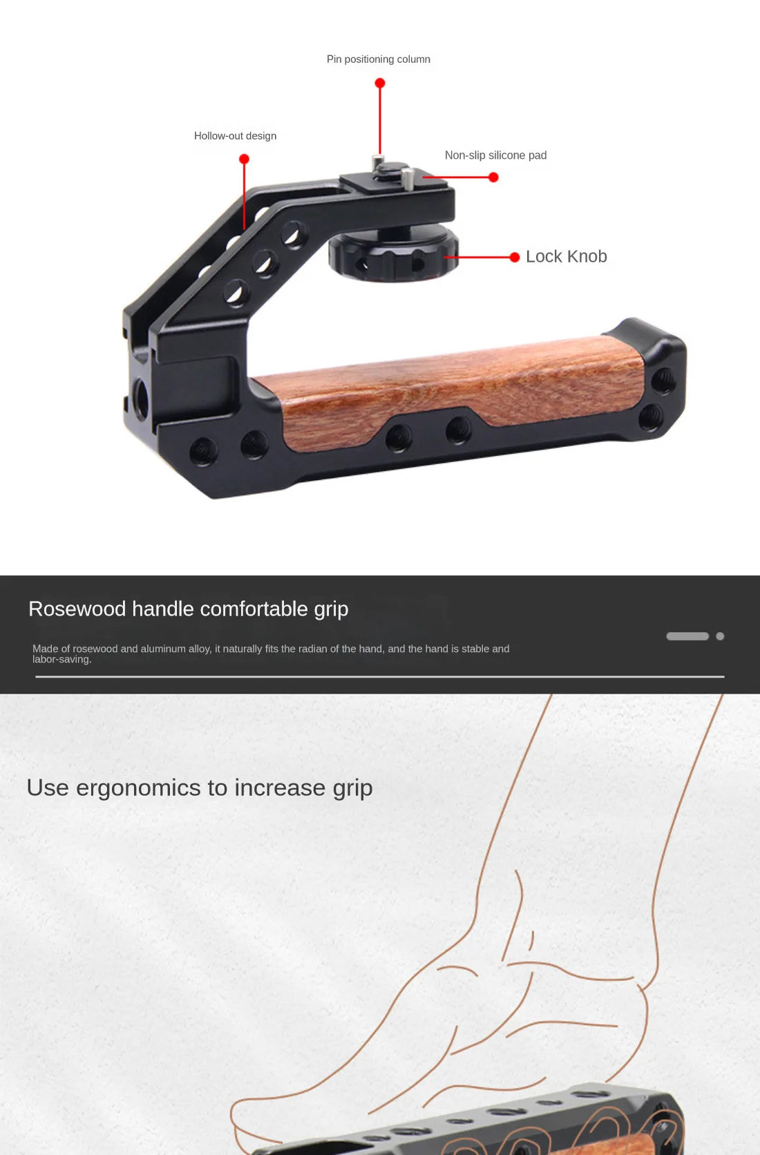 Custom CNC machining  Universal Camera Cage Tophandle Wooden Handgrip with Cold Shoe Mounts Compatible for Smallrig Cages